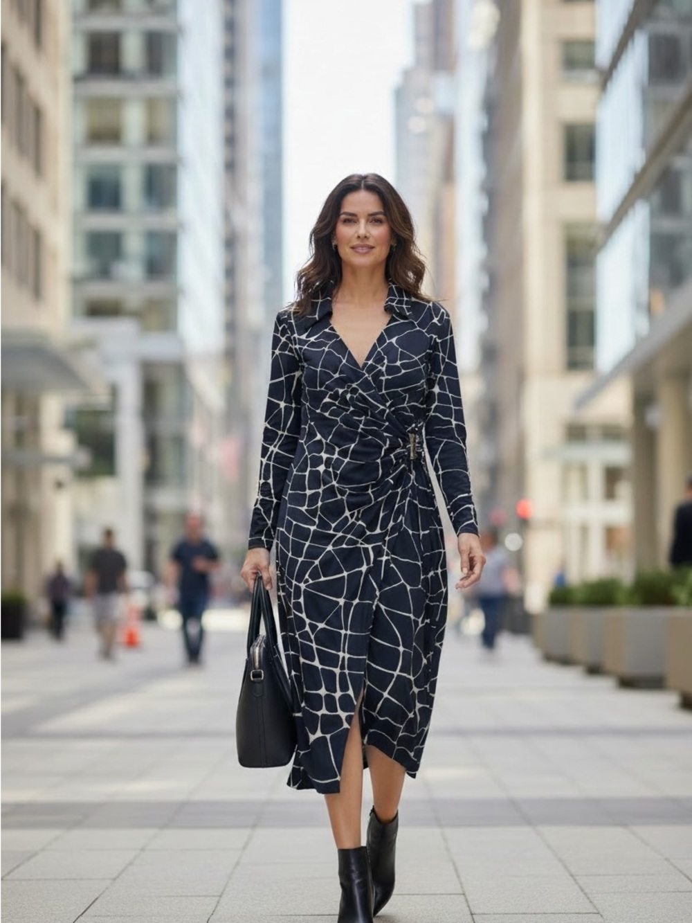 Jones New York Black and White Abstract Wrap Midi Dress